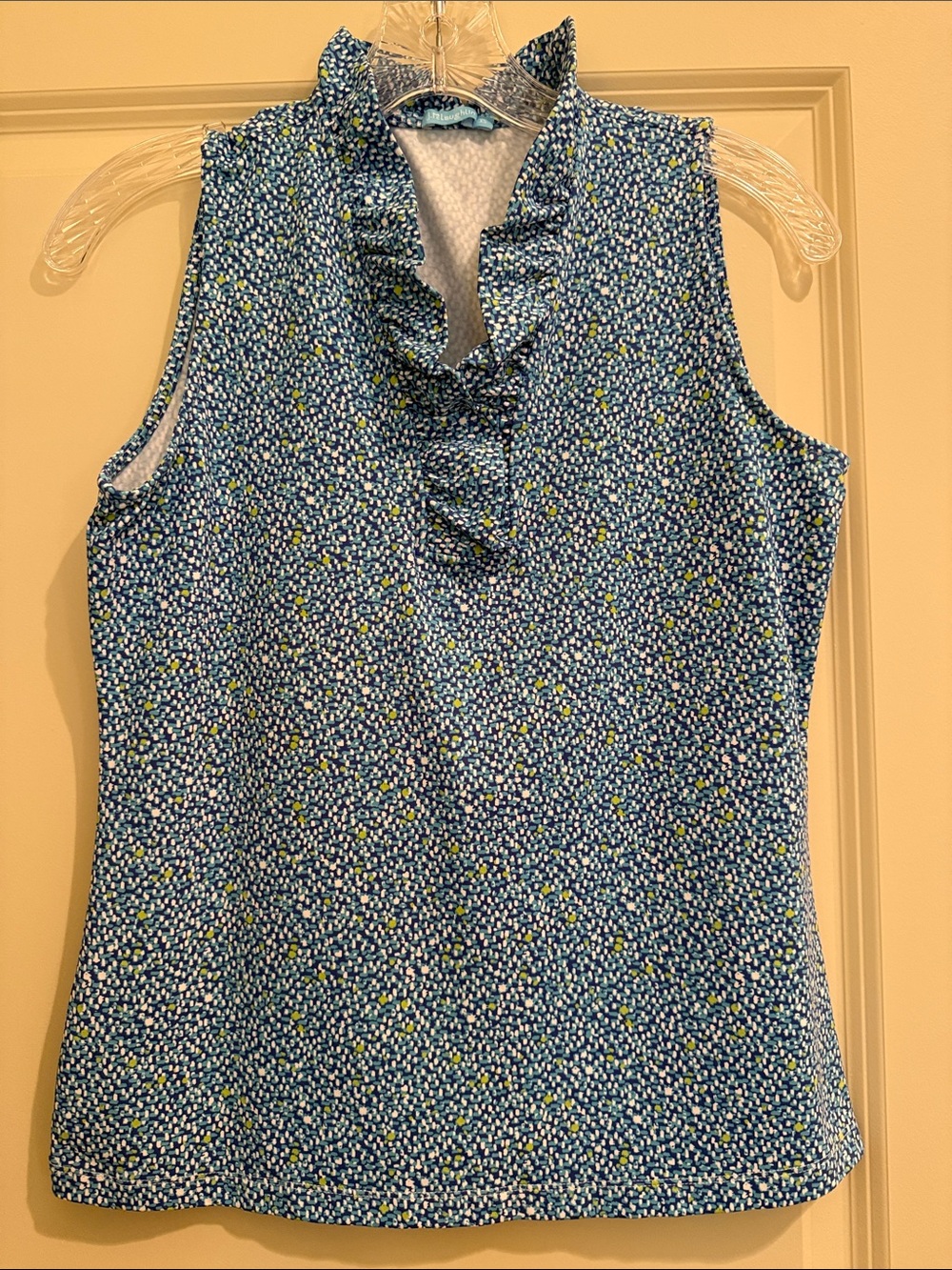 J. McLaughlin Blue Printed Ruffle Neck Sleeveless Top
